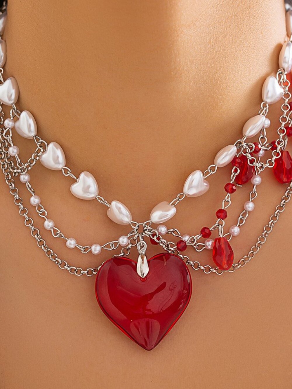 Silver Multi Layer Heart Choker Large Red Transparent Heart Pendant Pearl Crysta